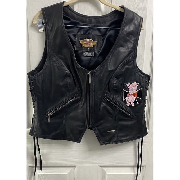 Harley-Davidson Jackets & Blazers - HARLEY DAVIDSON Women's Leather Motorcycle Black Vest Iron Cross/Hog Biker Sz. L